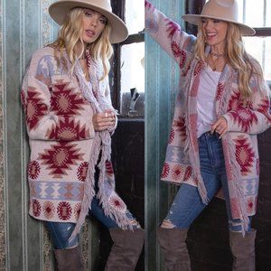 New Aztec Fringe Western Long Cardigan Sweater